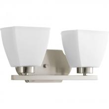  P2108-09 - Two-light bath and vanity fixture finished in brushed nickel with an etched opal glass shade. Part o