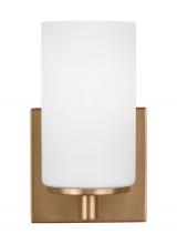  4139101-848 - Hettinger traditional indoor dimmable 1-light wall bath sconce in a satin brass finish with etched w