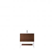 James Martin Furniture 801V35.4WLTGWGW - Milan 35.4'' Single Vanity Cabinet, Mid Century Walnut, Glossy White w/Glossy White Comp