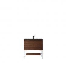 James Martin Furniture 801V35.4WLTGWCHB - Milan 35.4'' Single Vanity Cabinet, Mid Century Walnut, Glossy White w/Charcoal Black Co