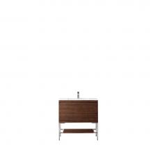 James Martin Furniture 801V35.4WLTBNKGW - Milan 35.4'' Single Vanity Cabinet, Mid Century Walnut, Brushed Nickel w/Glossy White Co