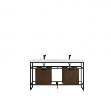 James Martin Furniture C105-V63-MBK-SC-WLT-WG - Boston 63'' Stainless Steel Sink Console (Double Basins), Matte Black w/ Mid Century Wal